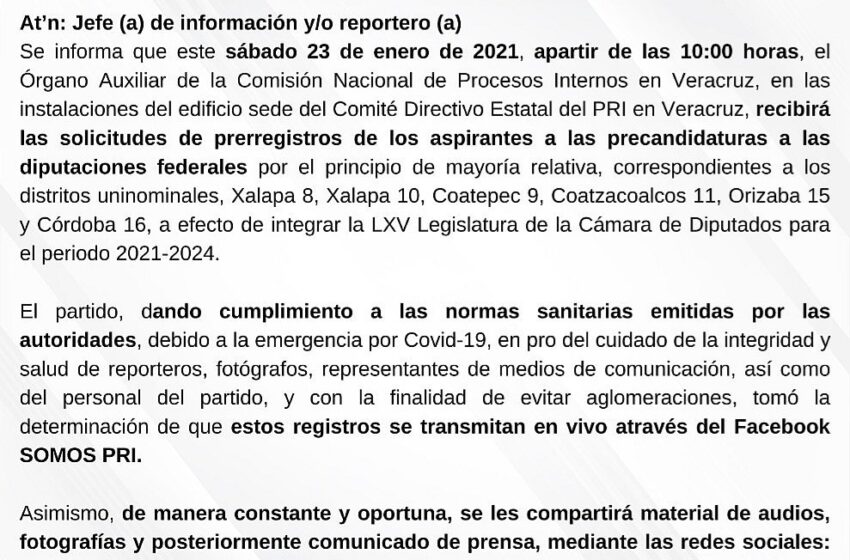  Anuncia PRI inicio de registro de precandidatos a Diputados Federales