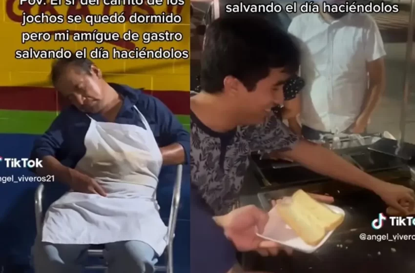  Señor de los ‘jochos’ se queda dormido y jóvenes atienden el puesto, en Veracruz